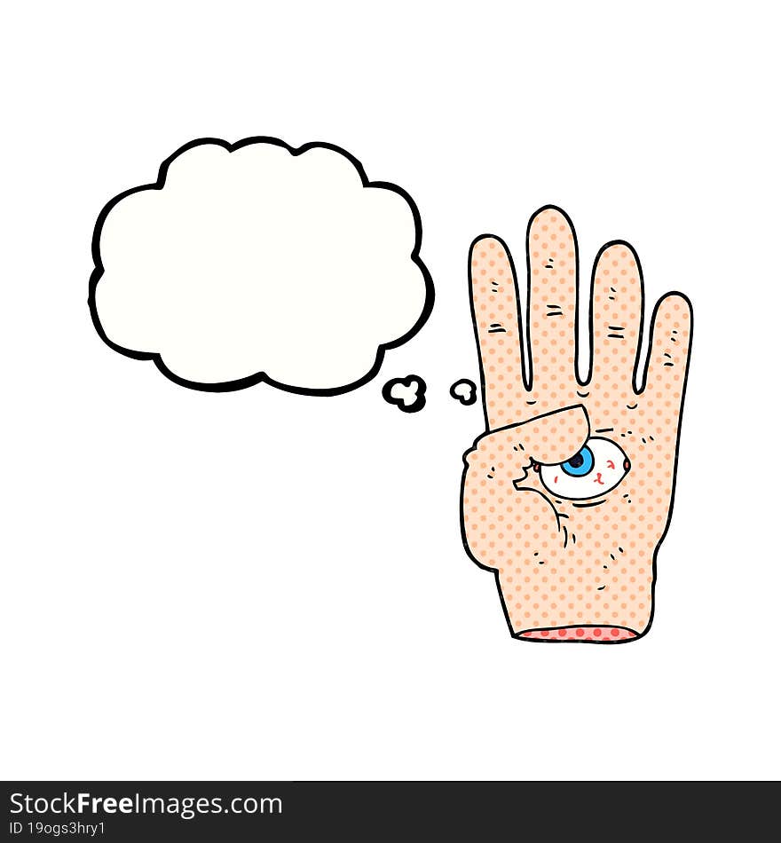 freehand drawn thought bubble cartoon spooky hand with eyeball