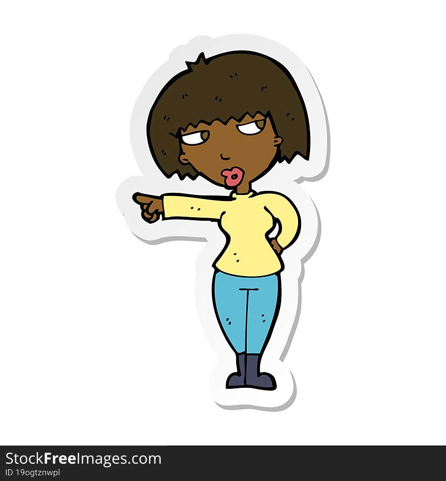 sticker of a cartoon annoyed woman pointing