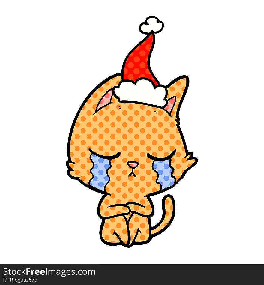 crying comic book style illustration of a cat sitting wearing santa hat