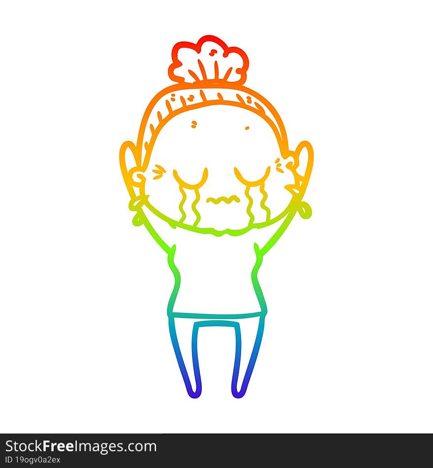 rainbow gradient line drawing cartoon old woman crying