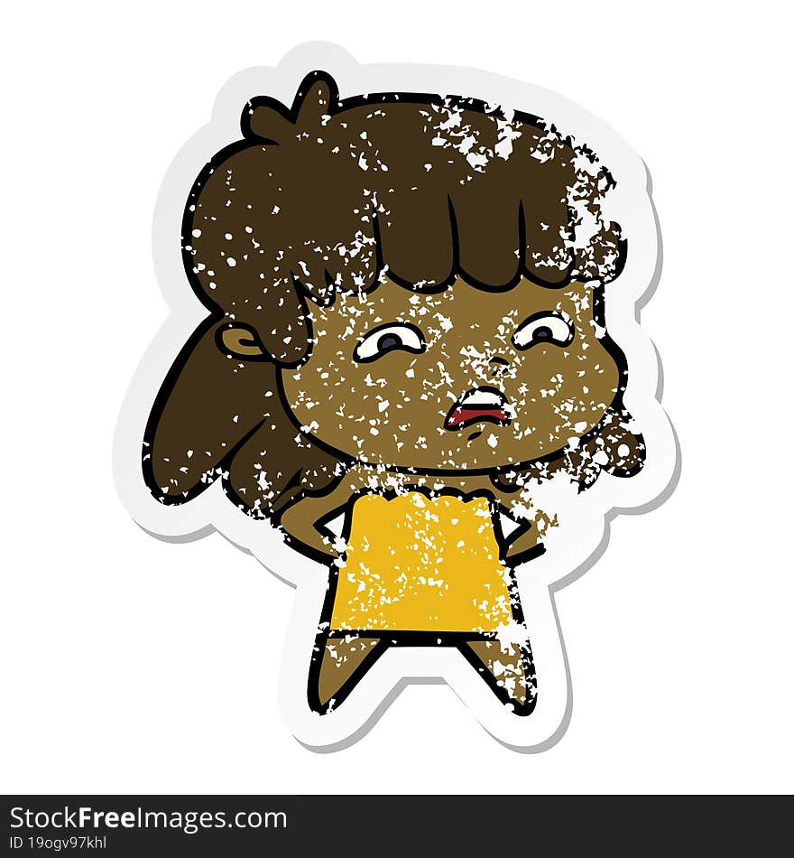 distressed sticker of a cartoon worried woman