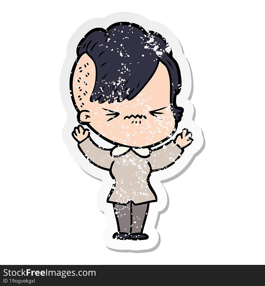 distressed sticker of a cartoon annoyed hipster girl