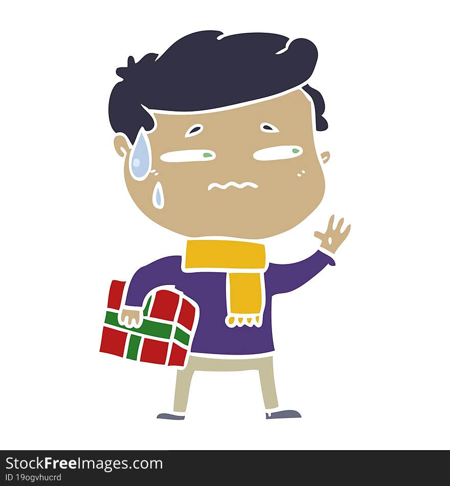 flat color style cartoon anxious man with christmas gift