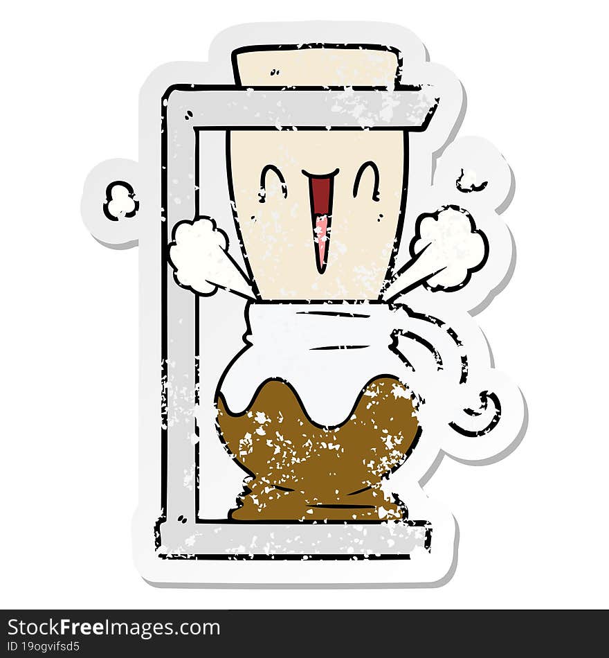 distressed sticker of a cartoon filter coffee machine