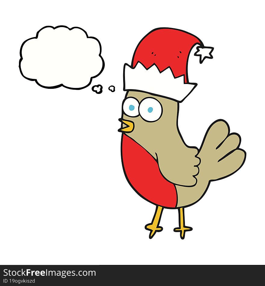 Thought Bubble Cartoon Robin In Christmas Hat