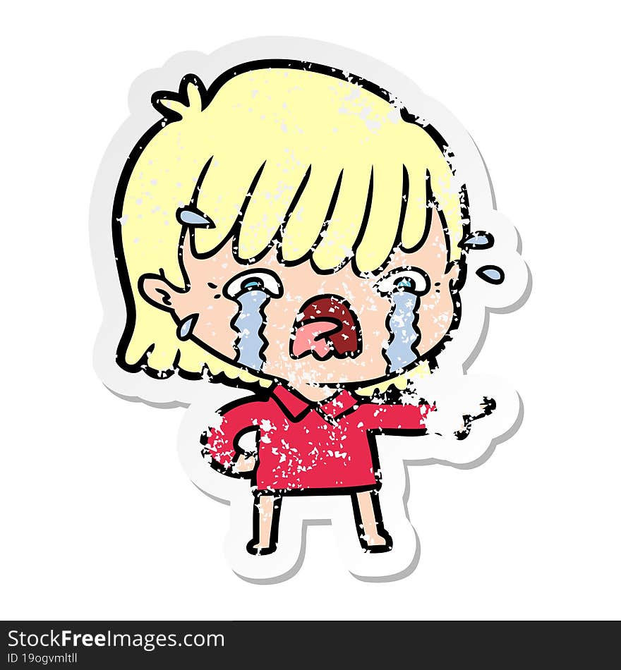 distressed sticker of a cartoon girl crying