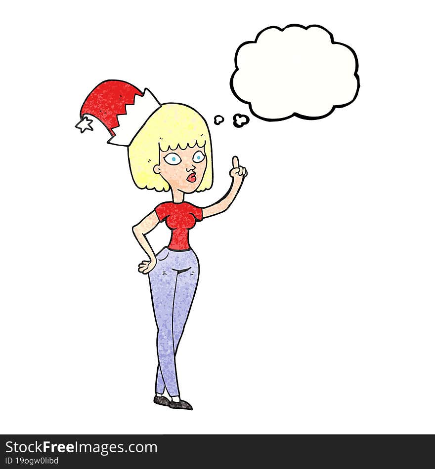 thought bubble textured cartoon woman wearing christmas hat