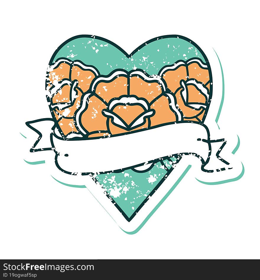 distressed sticker tattoo style icon of a heart and banner with flowers