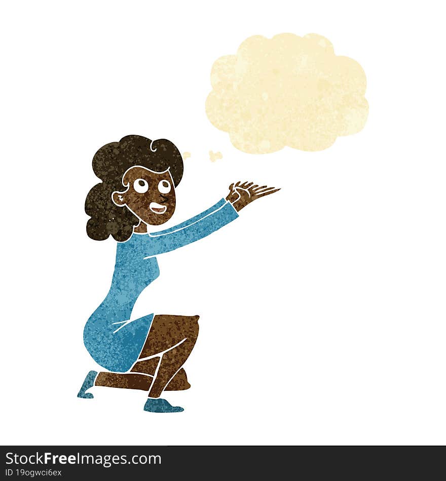 cartoon woman presentation gesture with thought bubble