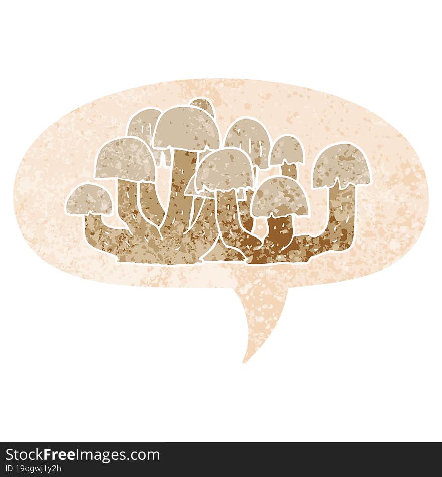 cartoon mushroom and speech bubble in retro textured style