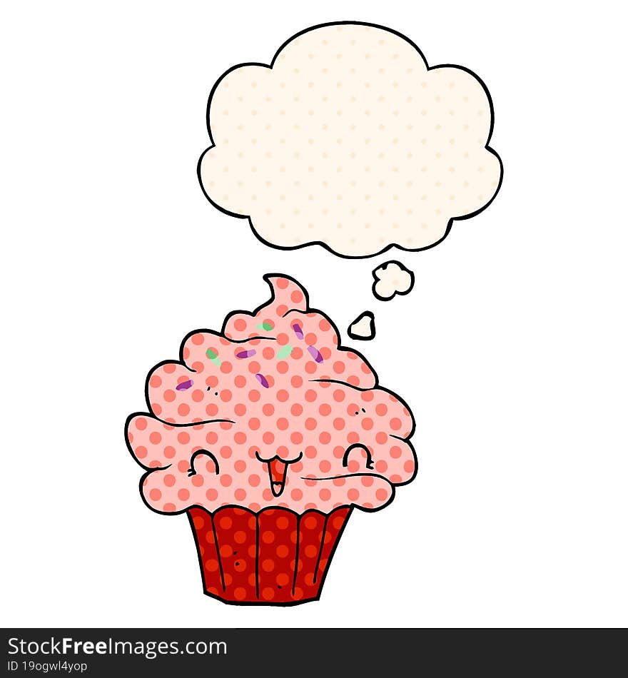 cute cartoon frosted cupcake with thought bubble in comic book style