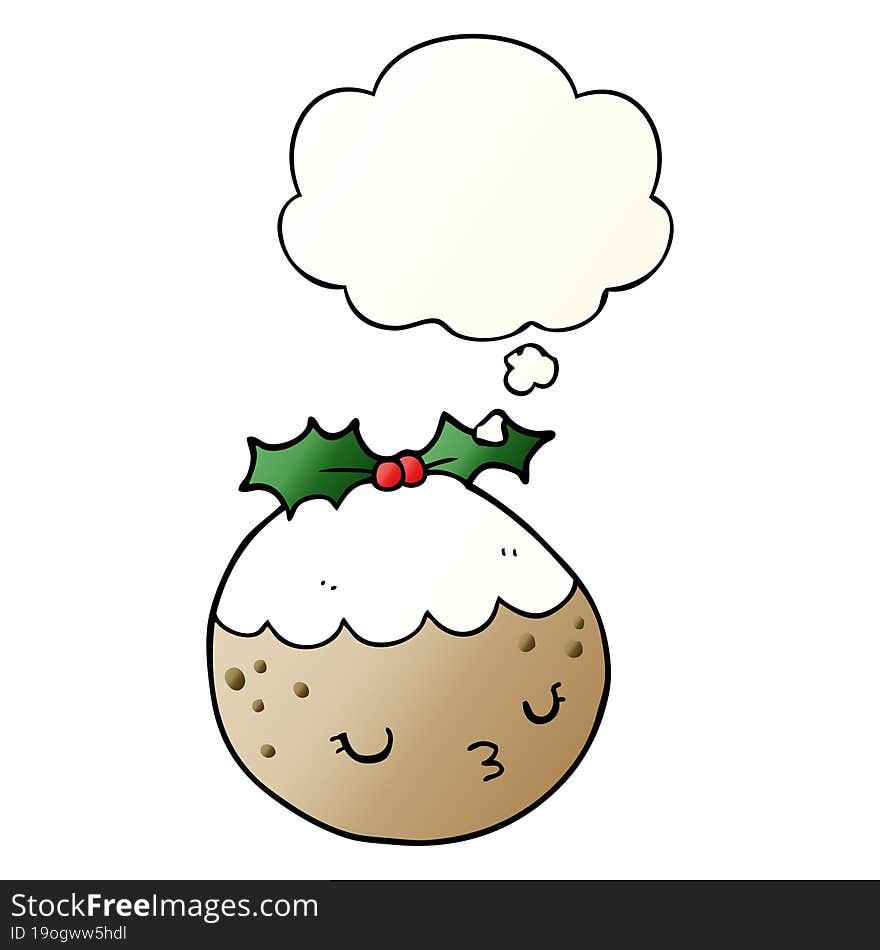 cute cartoon christmas pudding and thought bubble in smooth gradient style