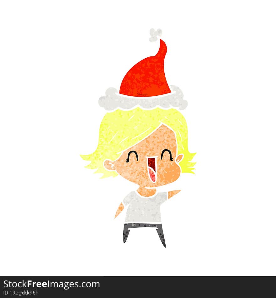 hand drawn retro cartoon of a happy woman wearing santa hat