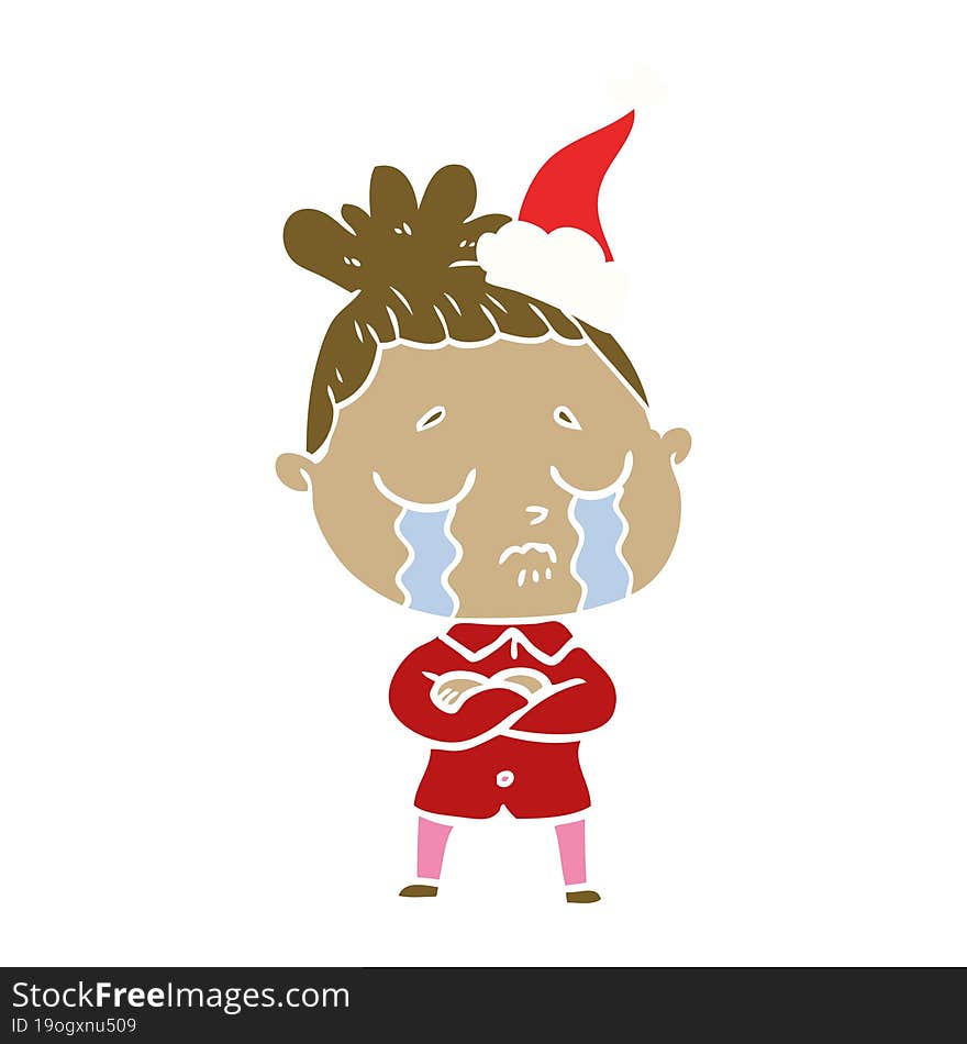 flat color illustration of a crying woman wearing santa hat