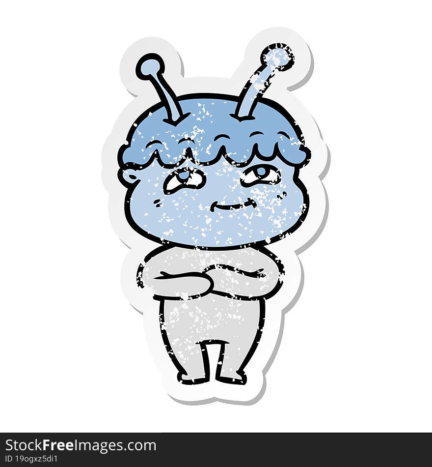 distressed sticker of a friendly cartoon spaceman