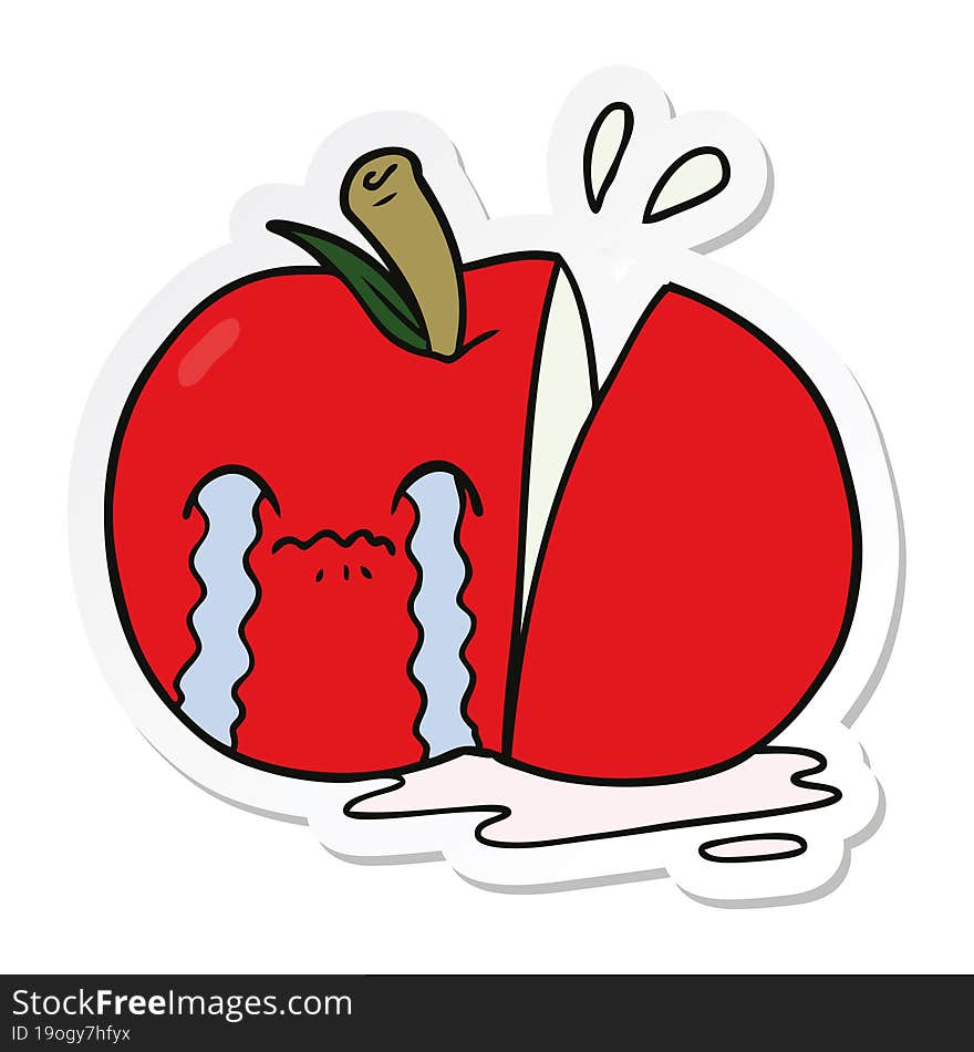 sticker of a cartoon sad sliced apple