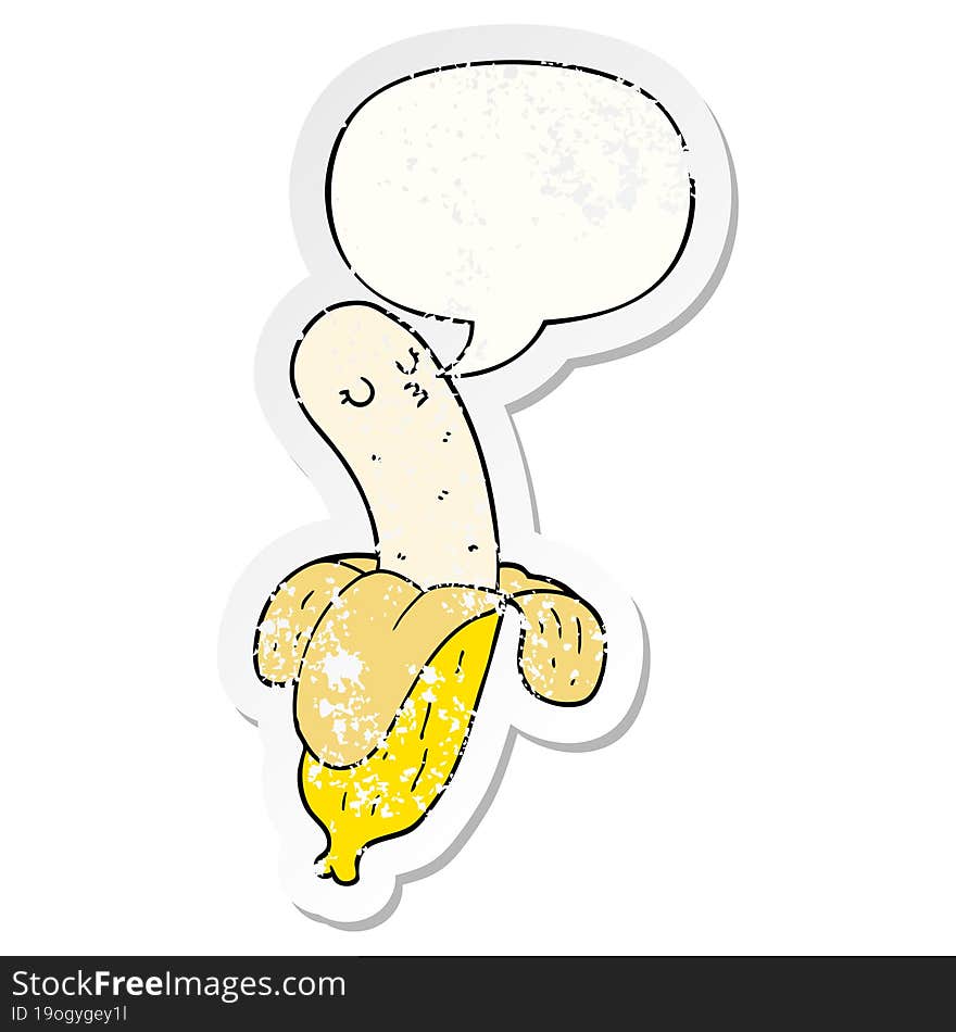 cartoon banana with speech bubble distressed distressed old sticker. cartoon banana with speech bubble distressed distressed old sticker