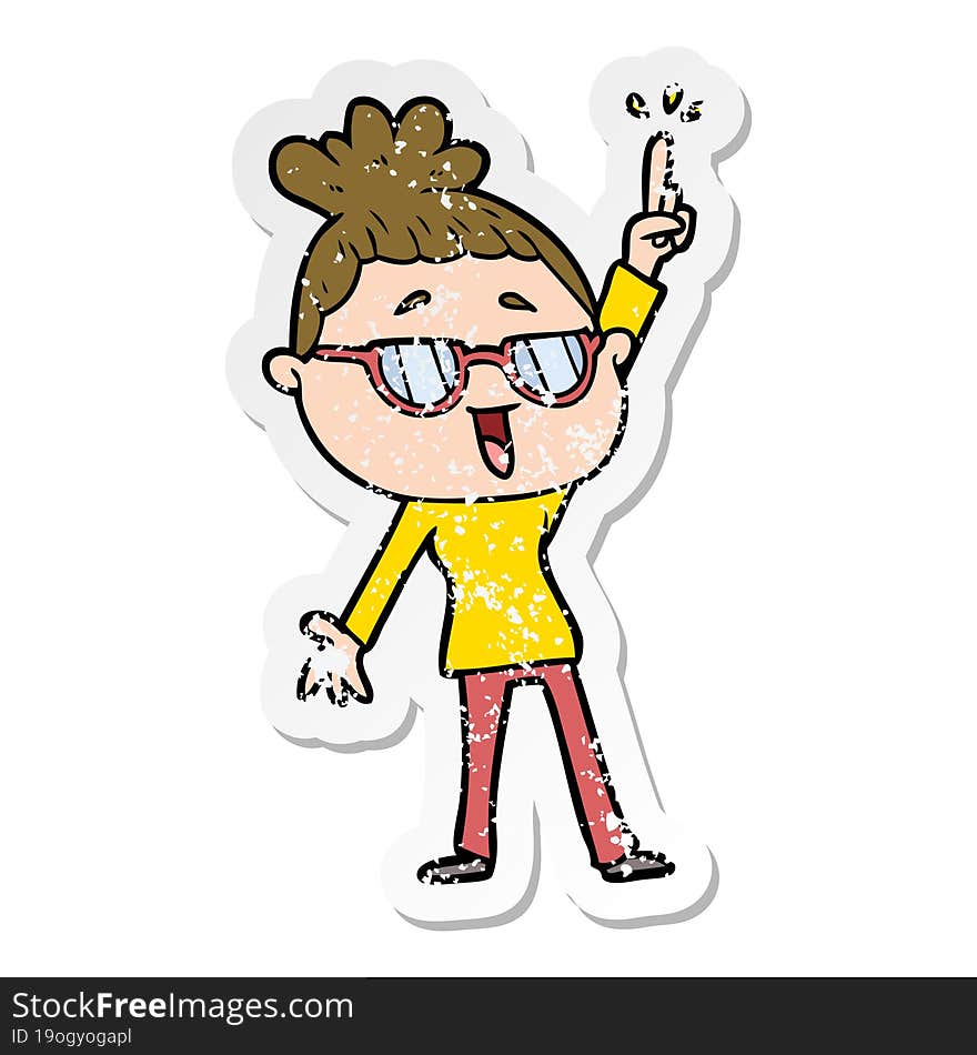 distressed sticker of a cartoon happy woman wearing spectacles