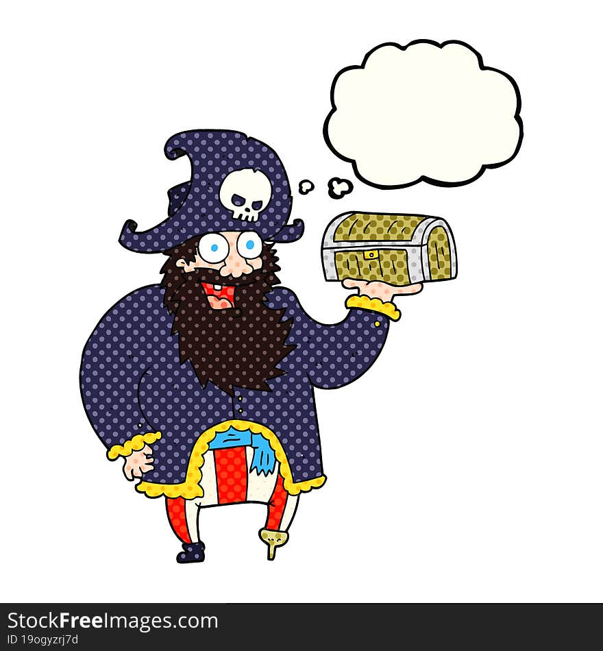 thought bubble cartoon pirate captain with treasure chest