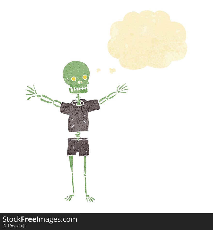 cartoon skeleton in clothes with thought bubble