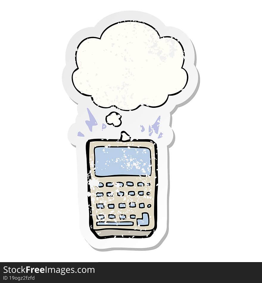 cartoon calculator with thought bubble as a distressed worn sticker