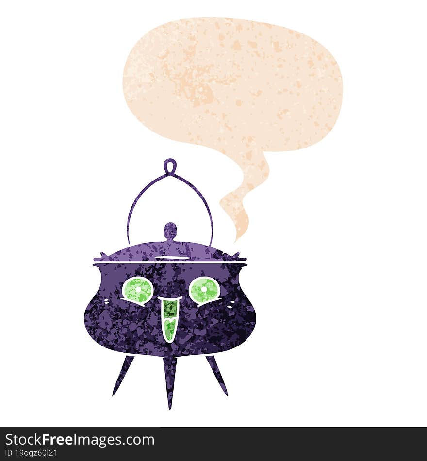 halloween cauldron cartoon and speech bubble in retro textured style