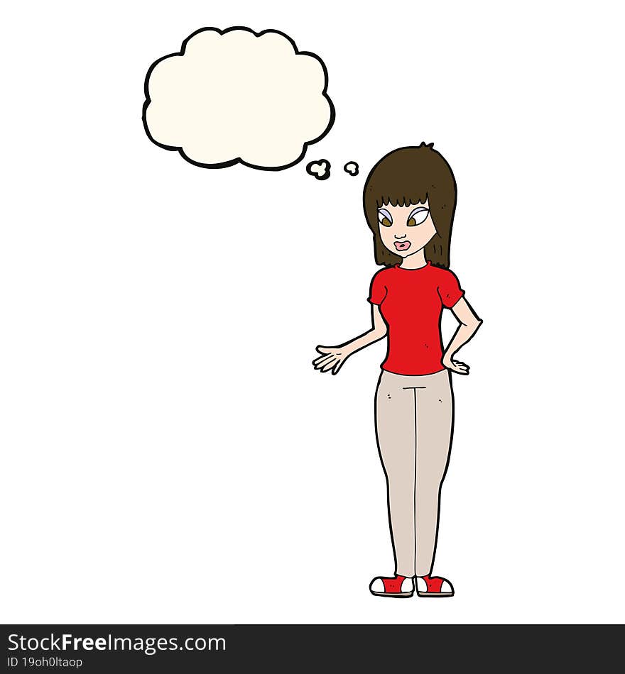 cartoon woman explaining with thought bubble