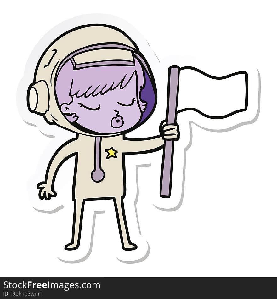 sticker of a cartoon pretty astronaut girl planting flag