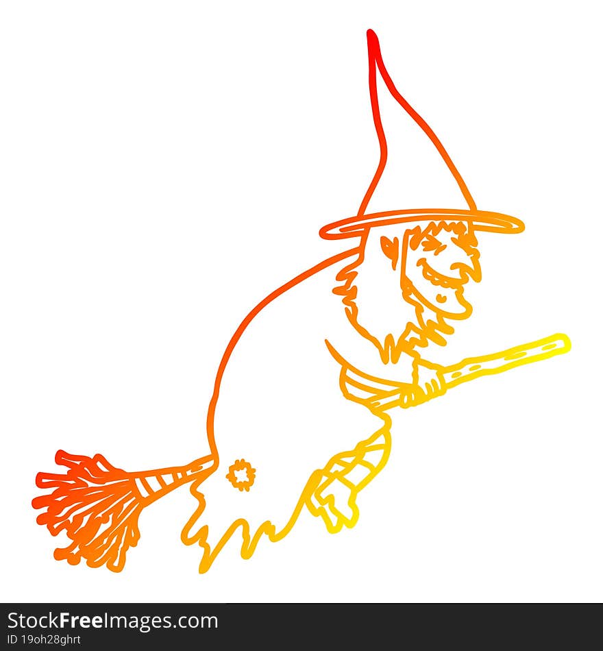 Warm Gradient Line Drawing Cartoon Witch On Broom