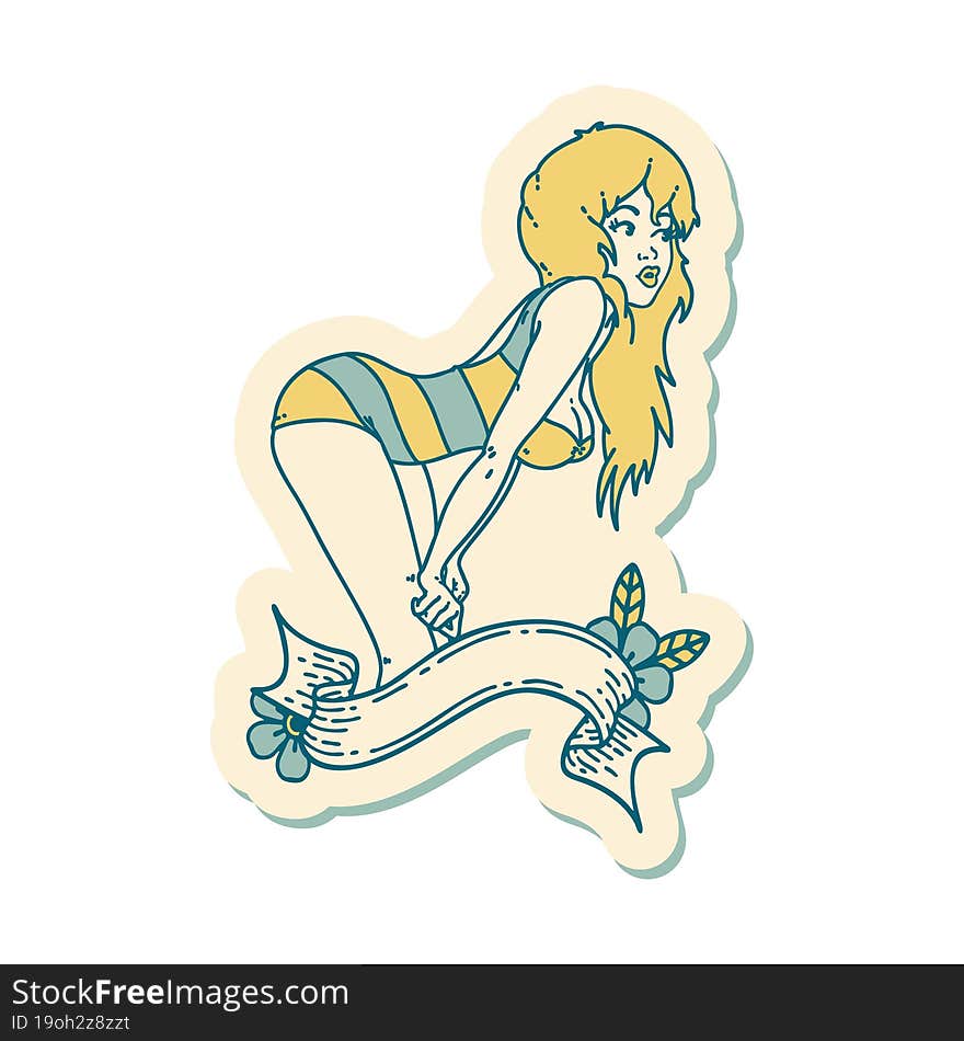 tattoo style sticker of a pinup girl in swimming costume with banner