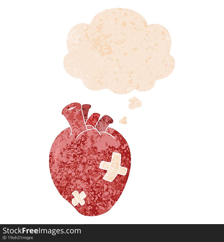 cartoon heart and thought bubble in retro textured style