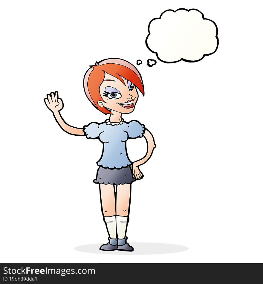 cartoon waving woman with thought bubble