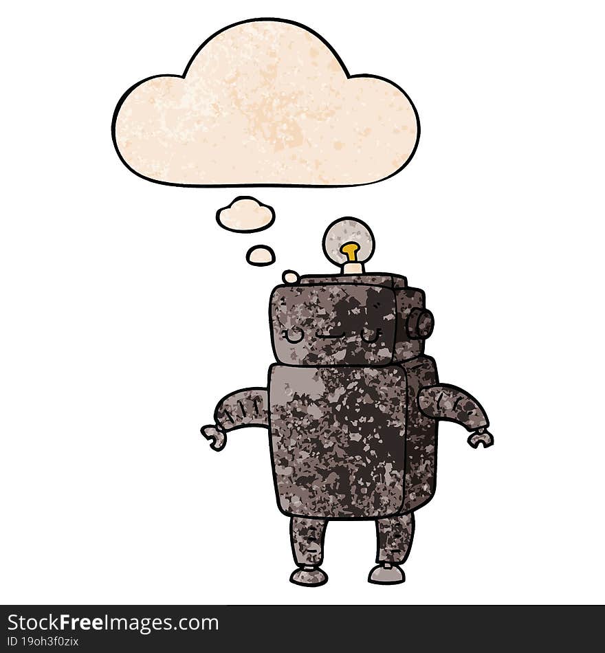 Cartoon Robot And Thought Bubble In Grunge Texture Pattern Style