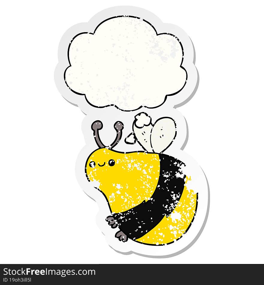 cartoon bee and thought bubble as a distressed worn sticker