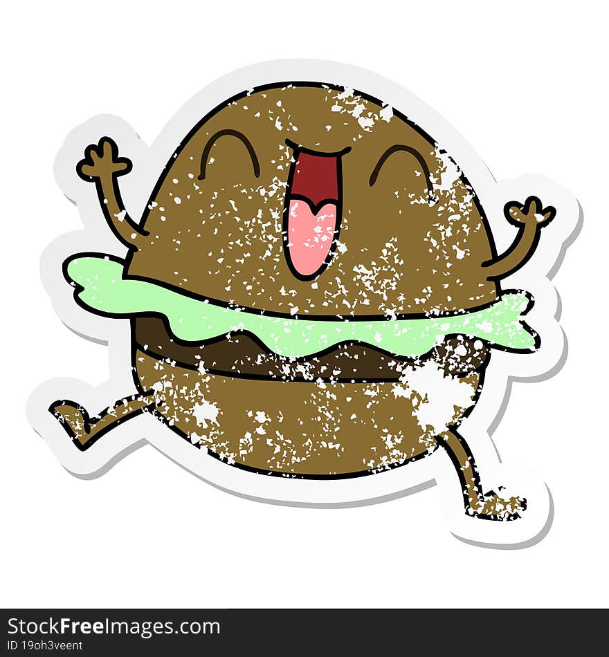 Distressed Sticker Of A Quirky Hand Drawn Cartoon Happy Burger