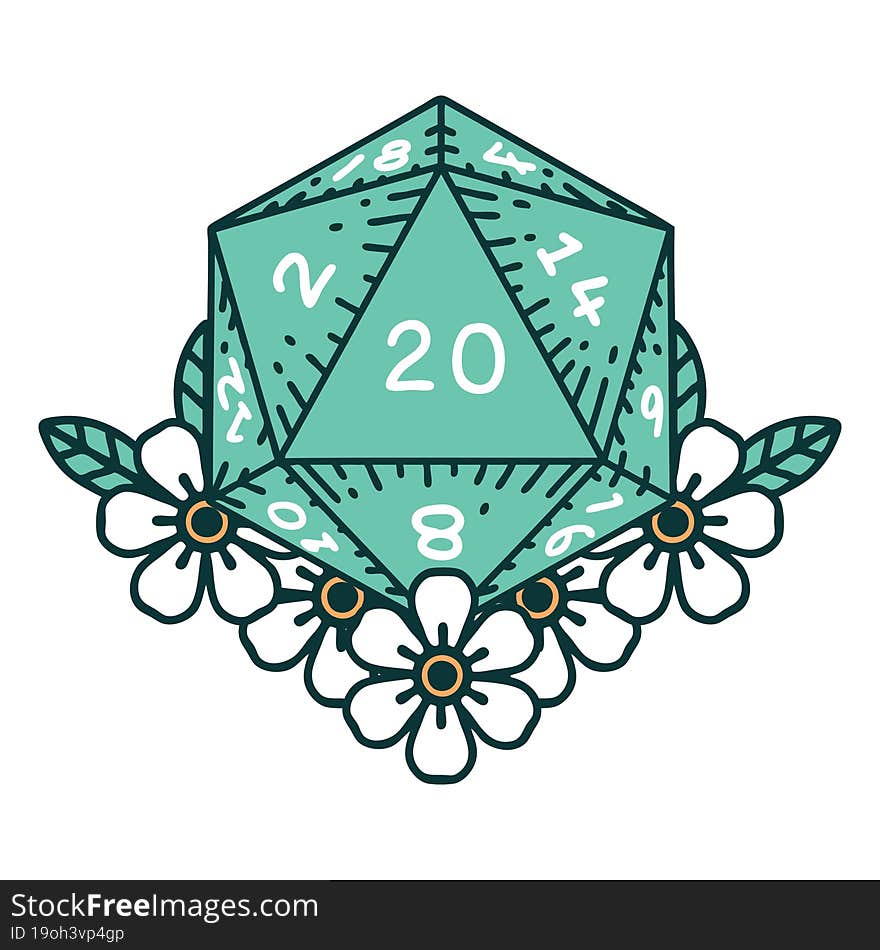 Natural 20 D20 Dice Roll With Floral Elements Illustration