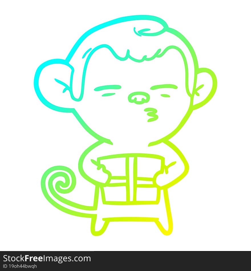 cold gradient line drawing of a cartoon suspicious monkey with present