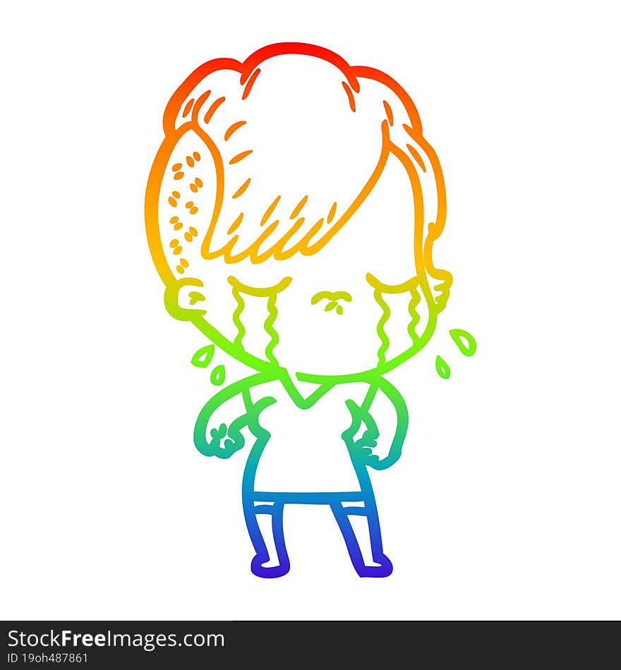 rainbow gradient line drawing of a cartoon crying girl