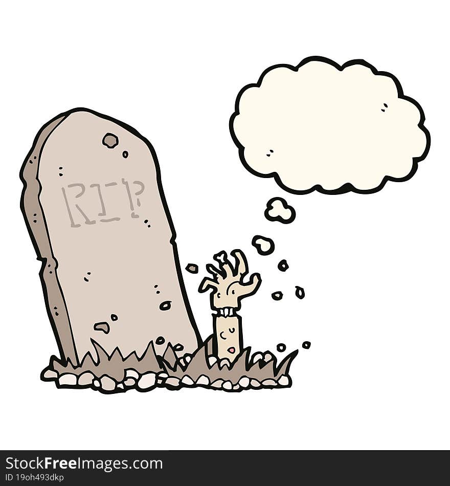 cartoon zombie rising from grave with thought bubble