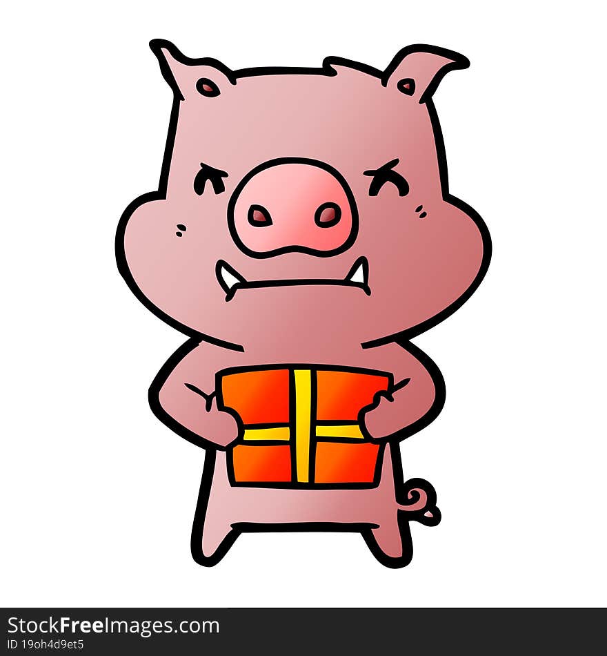 angry cartoon pig with christmas gift. angry cartoon pig with christmas gift