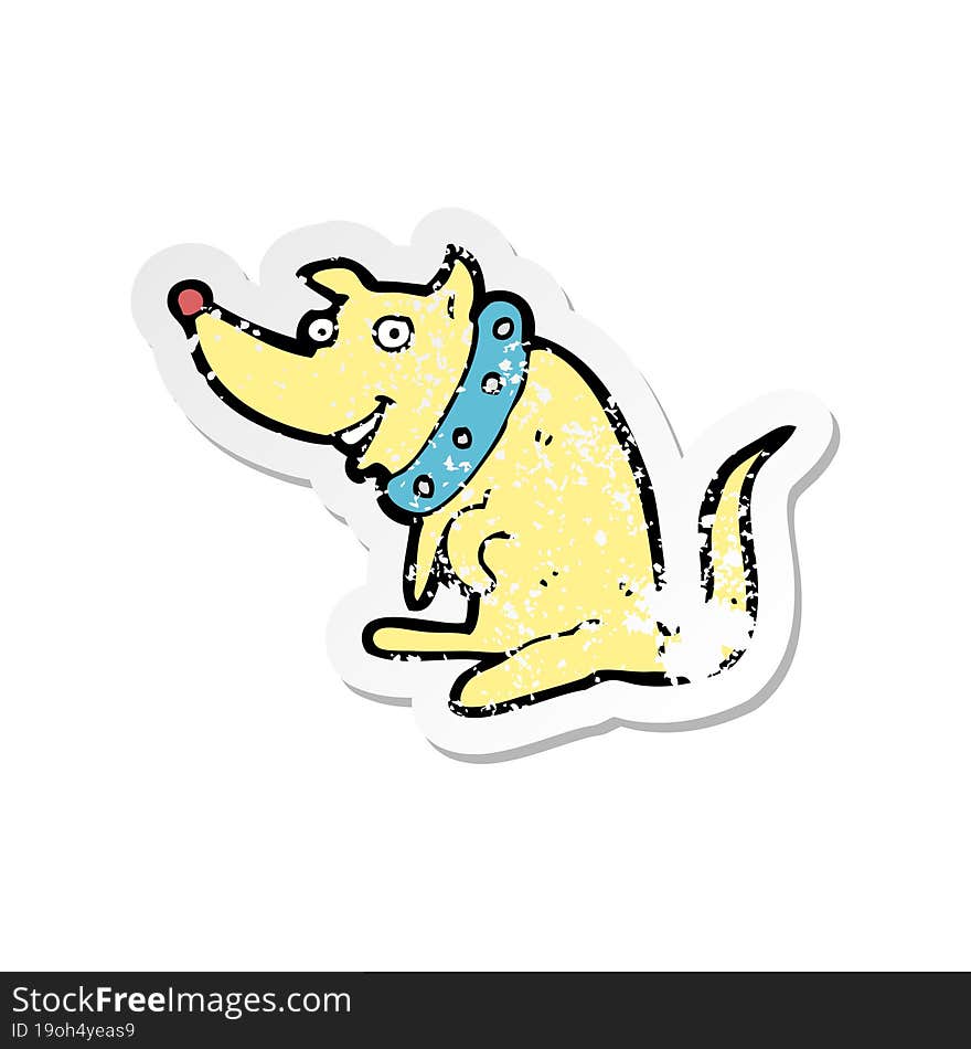 retro distressed sticker of a cartoon happy dog in big collar