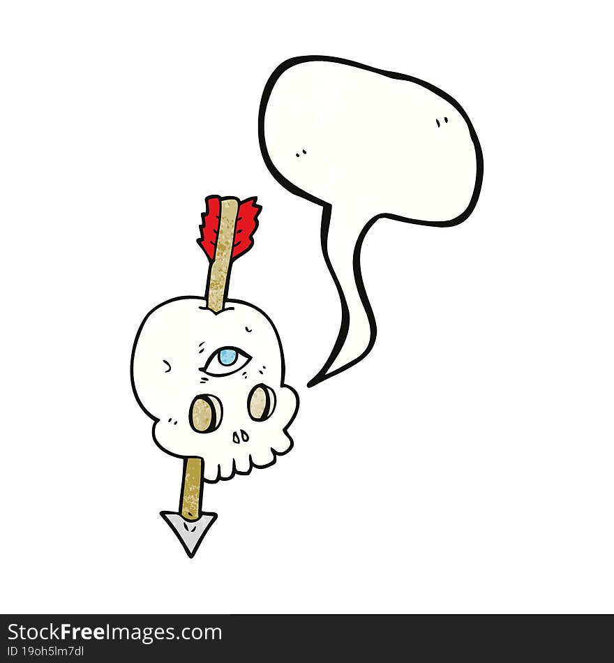 freehand speech bubble textured cartoon magic skull with arrow through brain