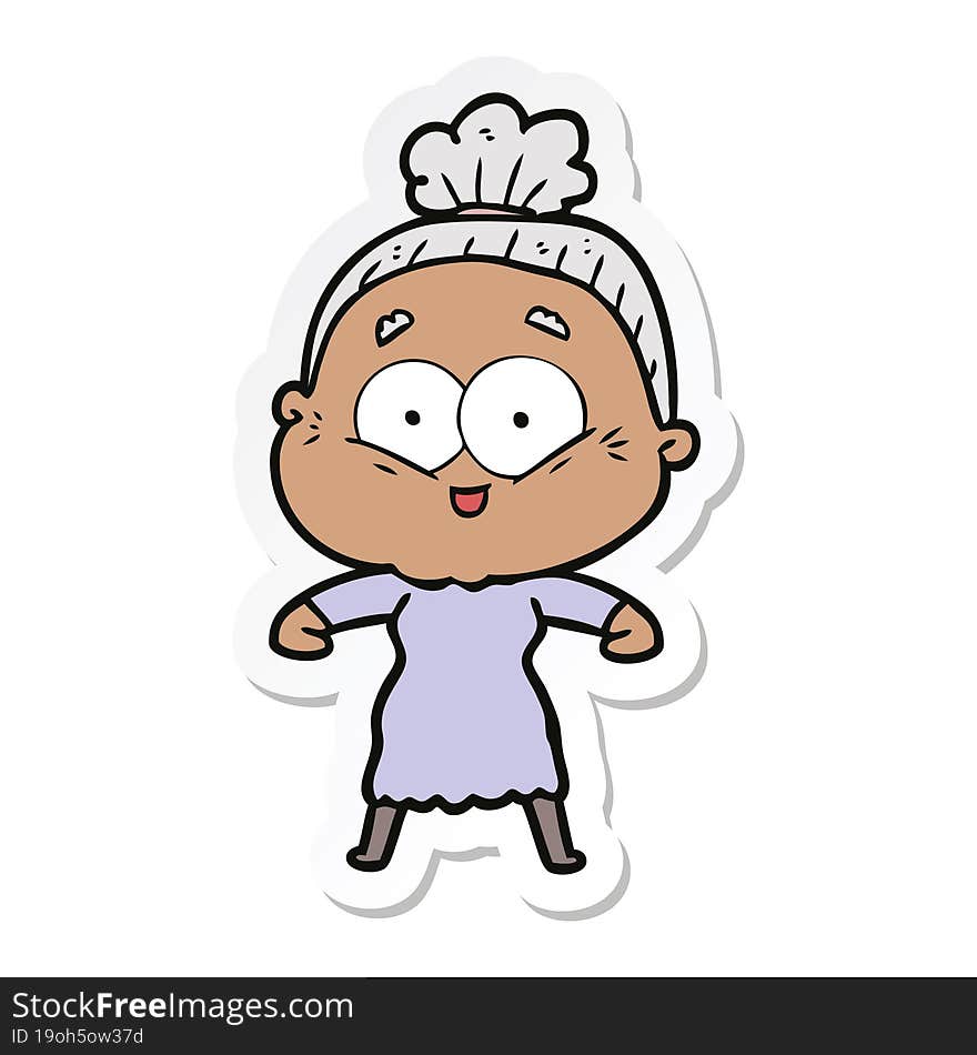 sticker of a cartoon happy old woman