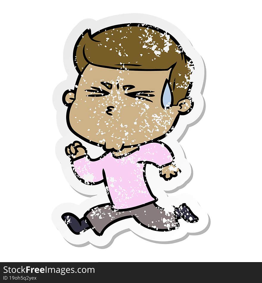 distressed sticker of a cartoon man sweating