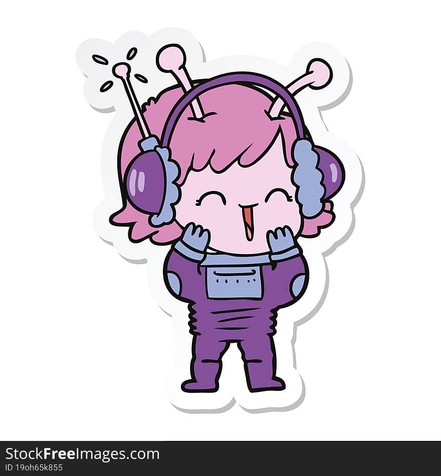 sticker of a cartoon alien girl listening to music