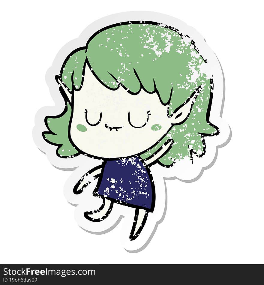 distressed sticker of a happy cartoon elf girl wearing dress