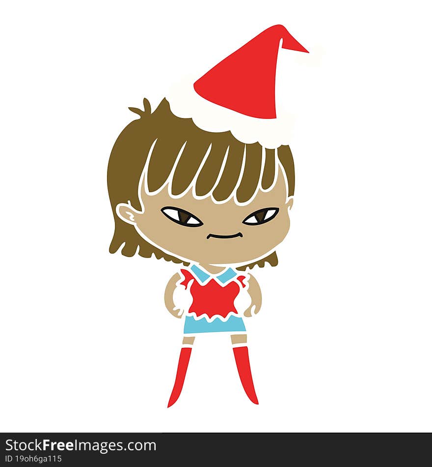 hand drawn flat color illustration of a woman wearing santa hat