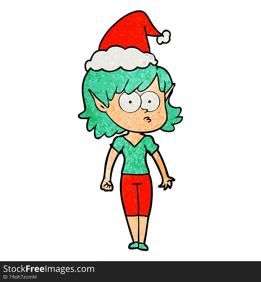 textured cartoon of a elf girl staring wearing santa hat