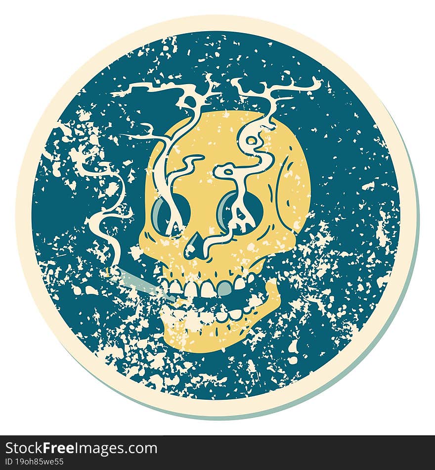 Distressed Sticker Tattoo Style Icon Of A Skull Smoking