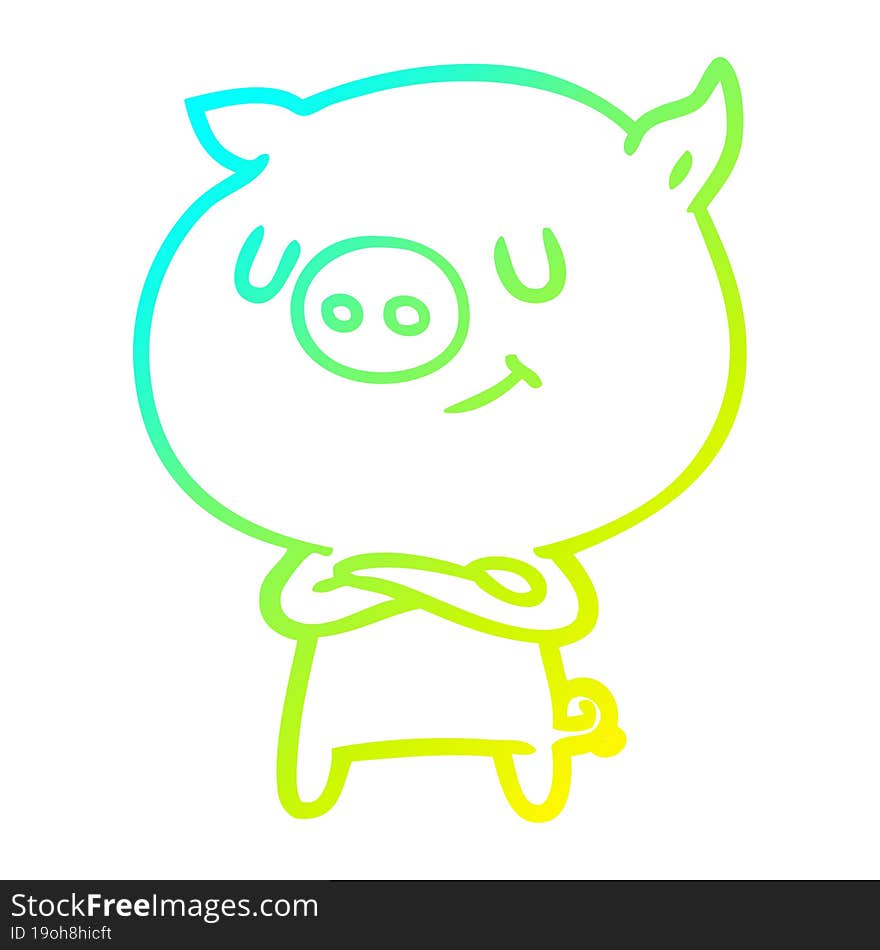 cold gradient line drawing of a happy cartoon pig